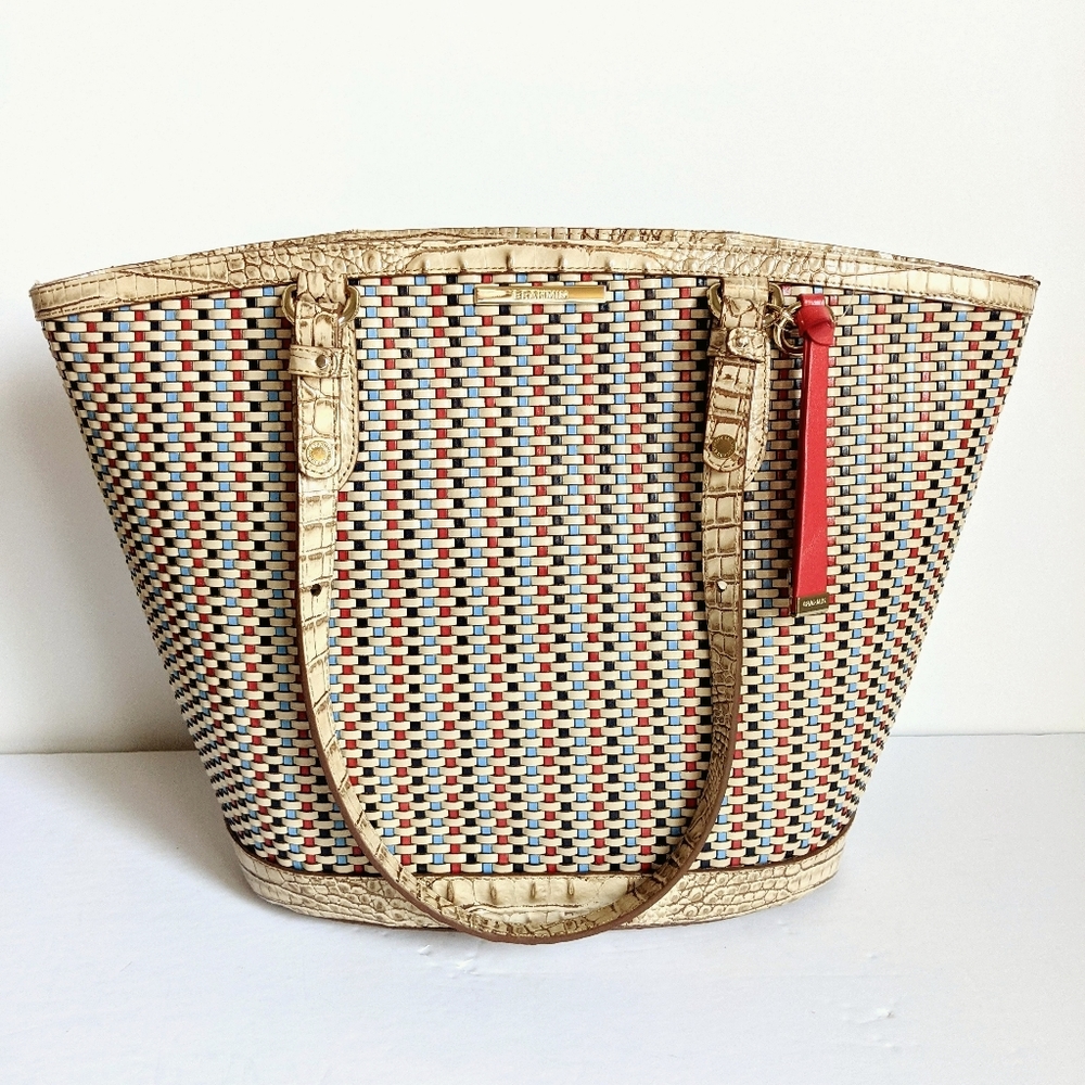 Brahmin Medium Bowie Tote Bag Ridgemont Red Blue Woven Leather - Picture 4 of 15